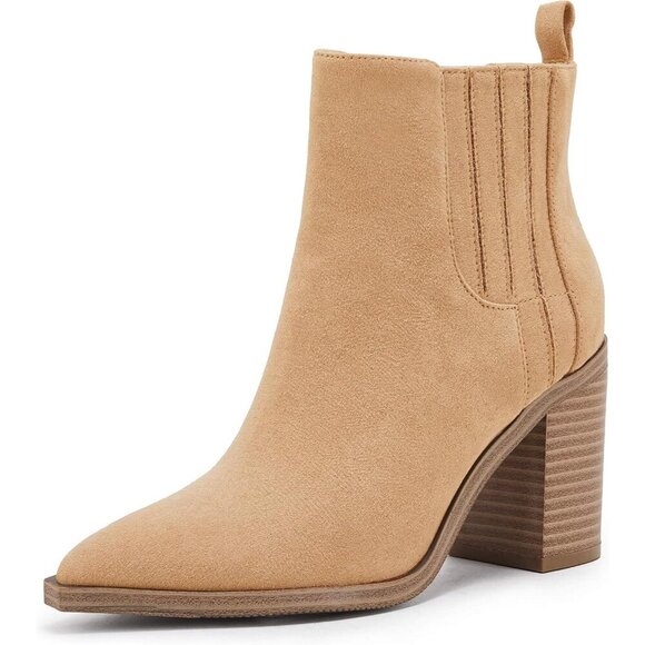 Shoes - Womens Camel Faux Leather Slip on Pointed Toe Chunky Block Mid Heel Booties